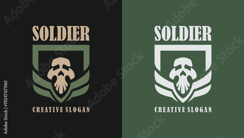 Creative Military Badge Symbol Logo Template with Skull and Shield Icon for Graphic Branding