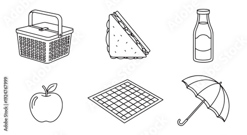 Picnic Items Flat Outline Stroke Vector Icon Pack with Basket, Sandwich, Juice Bottle, Apple, Blanket, Sun Umbrella
