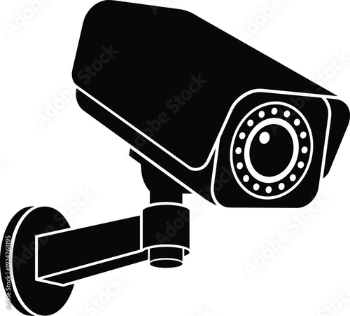 Security surveillance camera silhouette icon representing CCTV monitoring system, video recording technology and safety protection equipment illustration