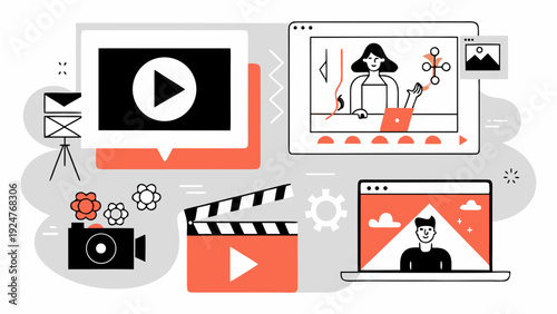 Digital content creation and video editing tools illustrated in a flat style