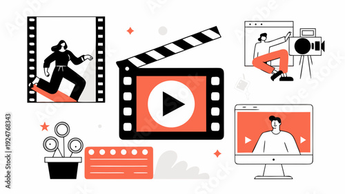 Filmmaking and video production illustrated with various media elements