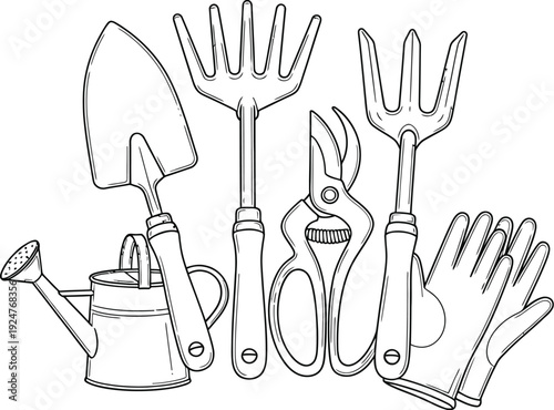 Black and white line art collection featuring essential gardening tools including a trowel a cultivator shears a hand fork and protective gloves with a watering can