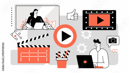 Digital content creation and online video conferencing illustrated with icons