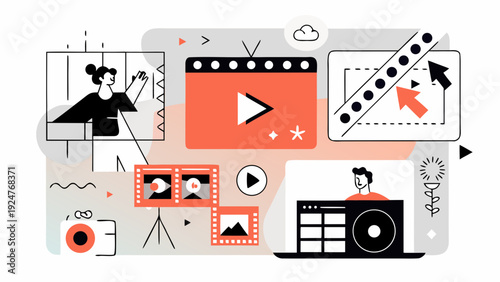 Illustration depicting various elements of video editing and filmmaking