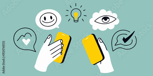 Hands holding a yellow phone with surrounding creative icons