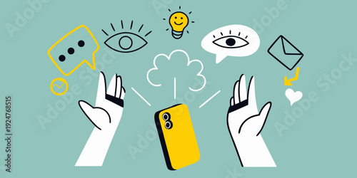 Hands interacting with a smartphone surrounded by creative concept icons