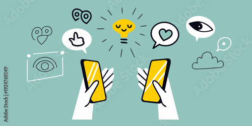 Creative ideas and digital communication illustrated with hand drawn icons