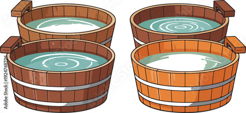 A set of four cartoon-style wooden hot tubs arranged in a 2x2 grid against a white background