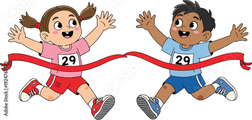 A cartoon illustration of two children crossing a finish line together, both wearing race bibs with the number "29".
