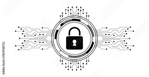 A black padlock icon in the center of a circular electronic circuit symbolizes secure online protection on transparent background