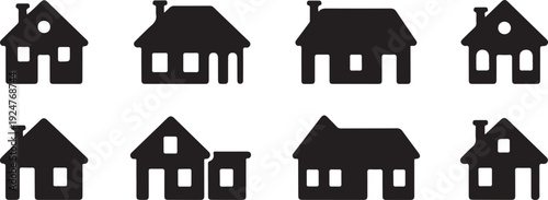Collection of eight simple black house silhouettes on a white background
