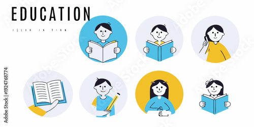 Illustration of students engaged in various learning activities and education concepts
