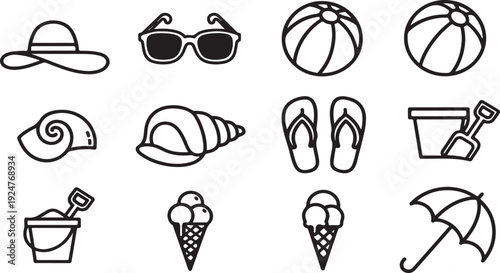 Assorted summer items and activities illustrated in black and white Vector