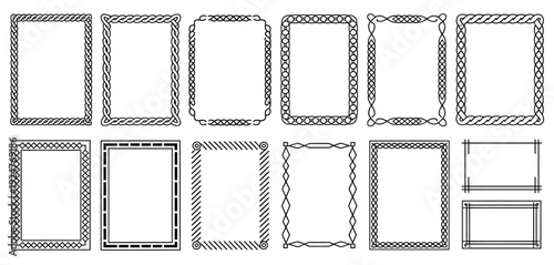 Celtic Knot Frames, Border Set with Braided Corners and Interlaced Ornaments, ideal for heritage certificates, medieval invitations, and Norse packaging, geometric Nordic patterns isolated as vector 