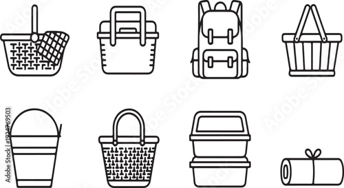 Assorted containers and baskets used for carrying and storing items Vector