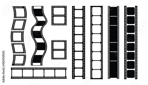 A collection of black film strip icons on transparent background