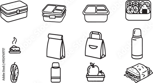 A variety of containers and lunch items suitable for meal prepping and packing lunches Vector