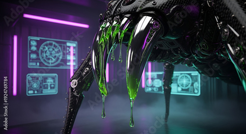 Robotic Spider Fangs Dripping Green Acid in Sci-Fi Laboratory