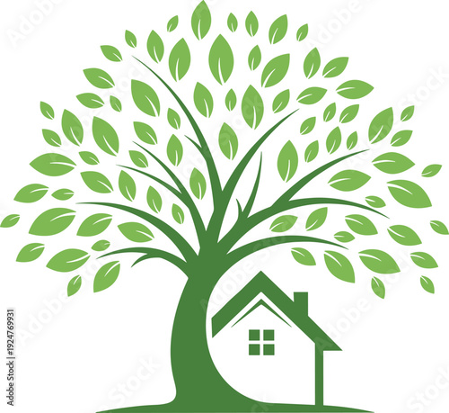 Green Eco Tree with House Silhouette Environmental Sustainability and Natural Living Concept Vector Illustration