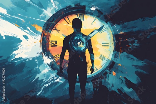 An abstract illustration depicting a human silhouette with an internal clock, representing the struggles and changes of biological rhythms through travel.