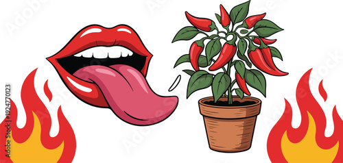 A stylized cartoon illustration of red lips with white teeth and a protruding tongue, accompanied by a small red flame symbol.