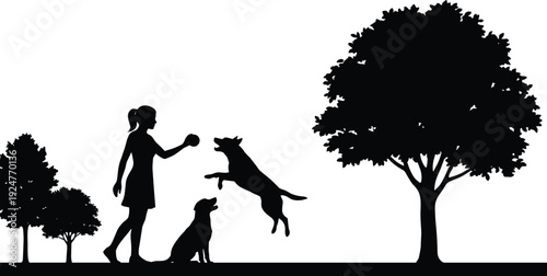 Girl playing with dogs silhouette scene showing pet training, jumping dog catching ball in park outdoor lifestyle illustration