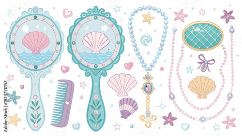 Whimsical mermaid treasure set with seashells and jewelry