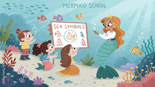 Mermaid teacher explaining sea symbols to students underwater