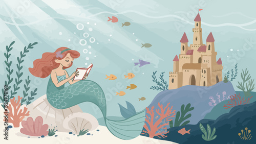 Mermaid reading by underwater castle with fish and coral