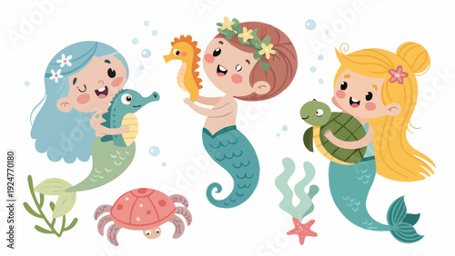Three cute mermaids with sea creatures underwater
