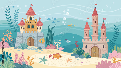 Whimsical underwater scene with majestic castles and colorful marine life