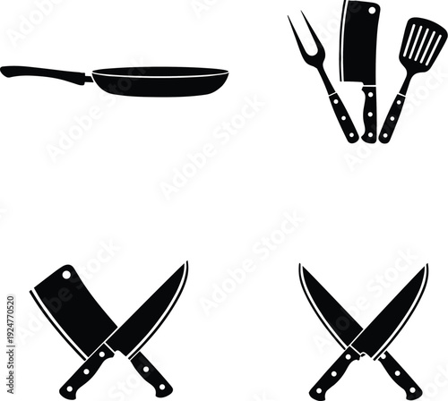 Kitchen utensil silhouettes, frying pan and knife set, butcher tools icons, cooking equipment collection, black vector illustration isolated