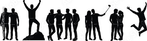 Group of people silhouette collection showing friendship, celebration, teamwork, selfie moments and success poses representing social lifestyle and happiness concepts