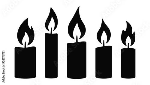 Five black candle icons with flames burning on transparent background
