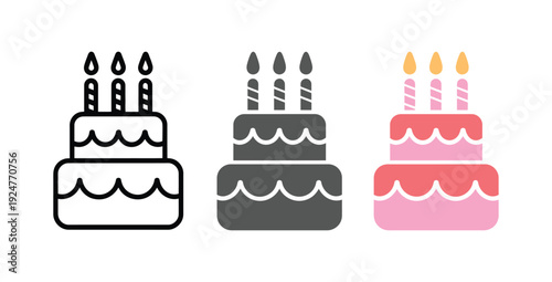 Three colorful birthday cake icons with candles on transparent background