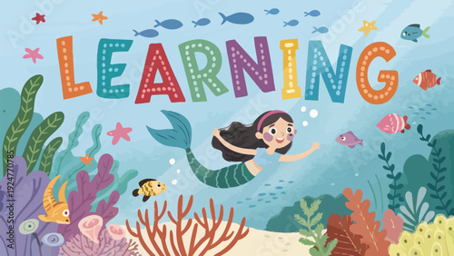 Mermaid swimming underwater surrounded by colorful fish and coral reefs