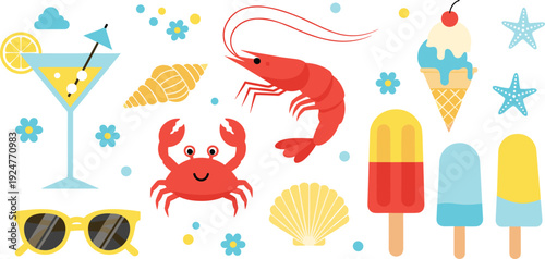Summer Beach Icon Collection Vector Illustration Set with Crab Shrimp Ice Cream Cocktail Sunglasses and Seashells Isolated on White Background