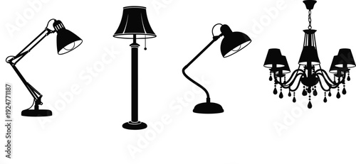 Black and white lamp collection illustration featuring desk floor and chandelier lighting fixtures isolated vector silhouette design set