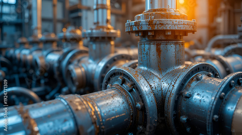 discontinuous. Metal nodules on industrial pipe valves reflecting light, metallic texture detail. safety posters, maintenance manuals, designed for industrial assembly lines and welding operations.