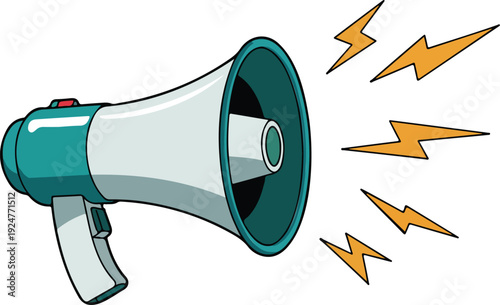 A cartoon illustration of a turquoise and white megaphone with a black speaker cone.