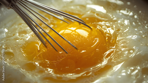 A whisk mixes a raw egg yolk in a bowl, creating a frothy texture, viewed from directly above the culinary scene.