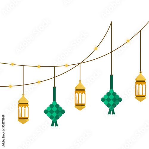 A vector illustration of a city building construction crane lifting a Christmas tree decoration lantern and holiday ornament ball towards a festive skyscraper silhouette under an architectural sky