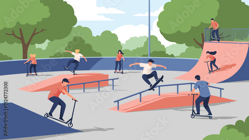 Energetic teenagers practice skateboard and scooter tricks on ramps and rails at a public outdoor skatepark during the day.