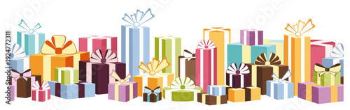 Colorful gift boxes with ribbon bows. Vector celebration design element. Horizontal seamless border