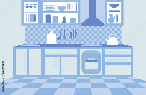 Kitchen interior with furniture. Cartoon cookware and household. 