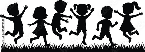 Children running and jumping silhouette showing happy kids playing outdoors on grass, active childhood lifestyle and joyful play illustration
