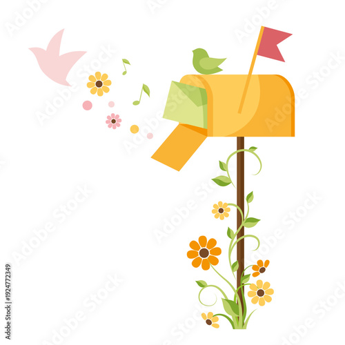 Spring post box with flowers, birds and music notes