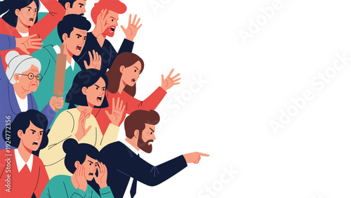 Crowd of frustrated and angry people shout and point during a public protest or demonstration against a white background.
