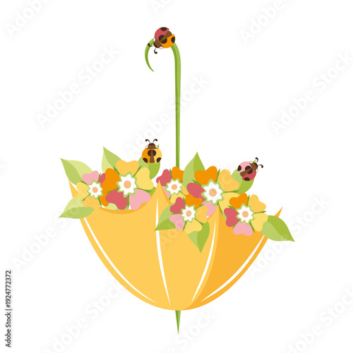 Spring decoration element. Umbrella with flowers and ladybugs