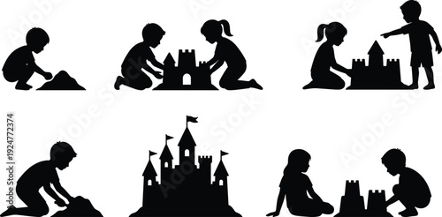 Children playing sandcastle silhouette set showing kids building sand castles, creative outdoor play activity and childhood imagination lifestyle illustration